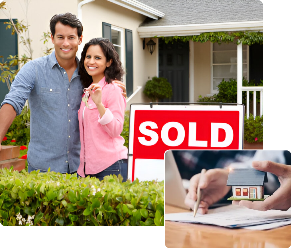 Happy couple holding keys in front of sold house.